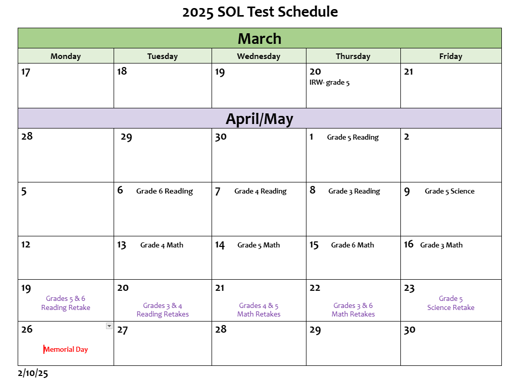 2025 SOL schedule in calendar format March-May