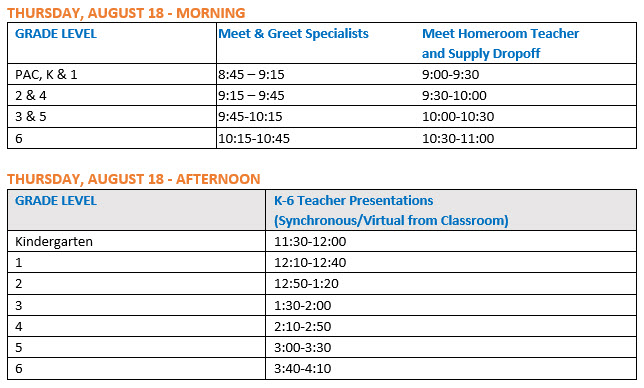 table of back to school event schedule morning and afternoon